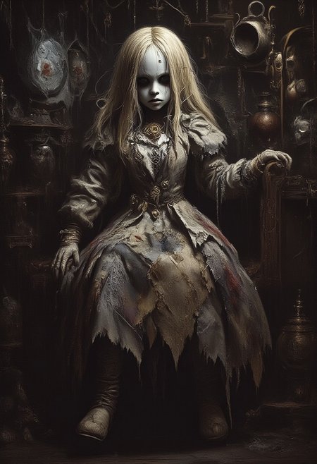 enys guerrero art style , full body portrait of a tattered dusty old creepy cloth voodoo doll, no eyes, with a old dirty cloth body, wearing a long dusty stained patchwork dress, pins stuck in body, sitting on an old rusty metal rocking horse, haunted scene, spider, webs and potions on shelf, horrific details, with a face, very detailed, in the style of charlie bowater, Camilla d'Errico, Kurtis Rykovich, simona candini, daniel kordek, arcane circle, eye level angle, intricate details, highly detailed, insanely detailed, 8K, hd, cinematic lighting, centered compositon, rule of thirds ,dark fantasy digital art style, detailed face, painted in the style of oil on canvas, smudged brush strokes, photorealistic, high resolution, hyper-realistic, ultra-detailed, cinematic lighting, rim lighting, volumetric lighting, sharp focus, shallow depth of field.