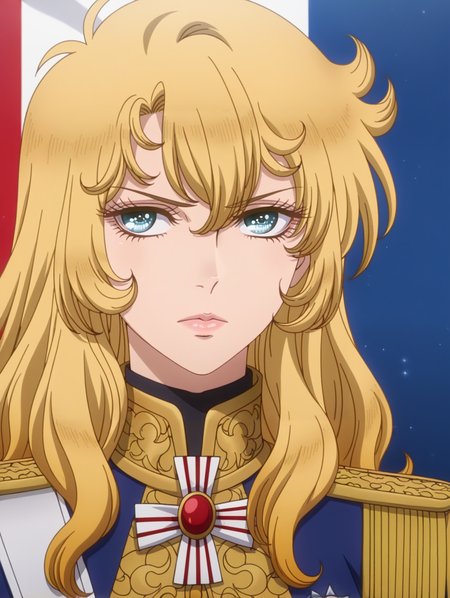 anime coloring,official tv style,1girl, oscar francois de jarjayes, solo, portrait, french flag, closed mouth, looking at viewer, upper body, lips, serious, gold epaulettes, looking to the side, blue coat, blue military uniform
masterpiece,best quality,amazing quality,very aesthetic,absurdres,newest,<lora:oscar_francois_de_jarjayes illusXL v1:0.72>,