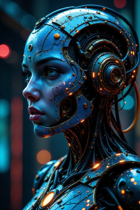 A highly detailed cybernetic humanoid with a metallic blue face, seamlessly integrated into an intricate mechanical system. Its synthetic skin is adorned with golden circuits, embedded microchips, and glowing orange energy lines. The androidâs large, expressive eyes are filled with a deep artificial intelligence presence, scanning its surroundings. Wires, gears, and complex technological components intertwine around its head and body, connecting it to a vast futuristic mainframe. The environment is a dark, neon-lit cybernetic core, pulsating with energy, evoking a futuristic AI-driven world where machines and consciousness merge.
<lora:aidmaFLuxPro1.1_v0.3:0.5> <lora:aidmaImageUpraderv0.3:0.4> <lora:aidmaMJ6.1_v0.5_3:0.3> <lora:ck-shadow-circuit:0.3> <lora:Kodak Motion Picture Film style v1:0.6> <lora:midjourney_whisper_flux_lora_v01:0.4> <lora:Midjourney_Dreamlike_Fantasy_FLUX_LoRA:0.3> <lora:more_details:0.8> <lora:Super_Eye_Detailer_By_Stable_Yogi_SDPD0:0.6> <lora:UltraRealPhoto:0.3> <lora:flux-colourful:1> <lora:Servitor_-_Warhammer_40000_Flux:1>