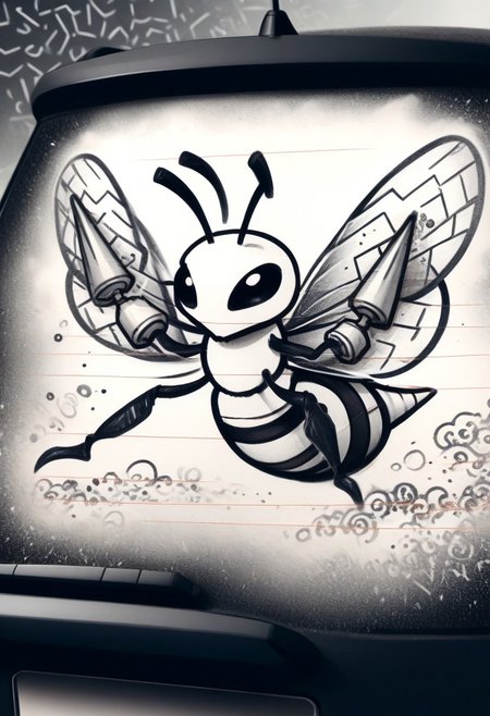 w4shm3, car, doodle,  beedrill, insect, wings, drill hands, outline, simple, monochrome