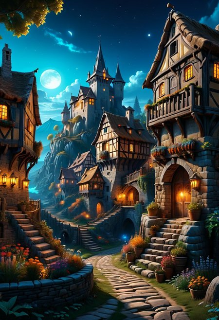 4k wallpaper, full realistic, extremely detailed, best quality, realistic, high resolution, 64k,  surreal concept art, low angle, fantasy night atmosphere, very aesthetic shadows, realistic legendary majestic, vivd-colorful, medieval village,  <lora:Dreamyvibes artstyle SDXL - Trigger with dreamyvibes artstyle:0.6> <lora:filmicVibesXL_v1.1:0.8>, <lora:ral-anmwrlds-sdxl:0.15>, <lora:d3t41l3dXLP:0.35> , <lora:dvr-stnd:0.4>