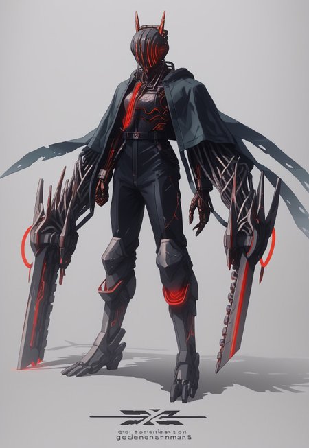 knight(((Chainsaw Man))(stunning, magnificent, HD, photorealistic, dramatic lighting, intricate details, armor beautiful patterns, realistic , mythical, legendary, powerful, cinematic,, masterpiece, perfect anatomy, perfect composition, perfect hand,), , (((glowing red core on armor))), armor highly detailed patterns on armor), torn cloak , full body fits into the image, full body visible, ), claws, gauntlet, digital illustration of a futuristic, armored humanoid figure. The subject is dressed in a highly detailed, dark, and bulky exosuit with intricate mechanical components and white accents. The suit features various textures and layers, including a cloak-like garment with angular, geometric shapes. The figure's head is adorned with a helmet that has two antenna-like protrusions and a visor, giving it a robotic appearance. The suit has several logos and text in white, including a prominent circular emblem on the chest and arm. The overall design is sleek and modern, with a strong emphasis on technology and advanced, ,(((huge arms with cylinders mechanical components)))Power