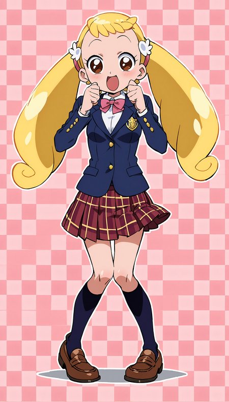 anime artwork of score 9,score_8_up,score_7_up,source_anime,masterpiece,best quality,(parody:1),(anime screencap:1.2),
BREAK
(makihatayama hana:1),1girl,twintails,blonde hair,brown eyes,ornament,hairband,solo,
BREAK
school uniform,blazer,((brown checkered:1.5) pleated skirt:1.2),(pink bowtie:1.2),(kneehighs:1.2),loafers,
BREAK
(perfect hands:1.2),smile,cute pose,(magical background:1.2),abstract background,
<lora:hana_makihatayama_xl_for_pony_xl_v01:1>,<lora:hand 4:1>,