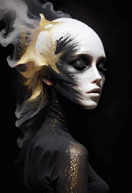 illustration of a flower, beautiful woman, (side view, back view:1.1), elegant, seductive, otherworldly, mysterious, covered face, ash veil, molten plastic, abstract, black plastic, white plastic, galactic dusk, gold particles, thin black shirt, dark, (motel lava:1.2), smoke  <lora:add-detail-xl:0.7> <lora:xl_more_art-full_v1:0.7>  <lora:sdxl/nicola_samori_dark_art_style:0.7> in the style of Nicola Samori
