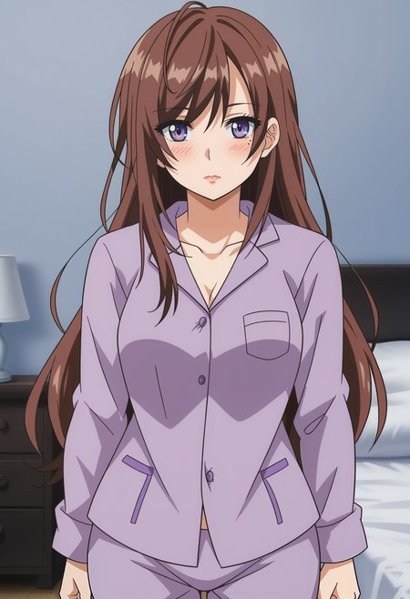 <lora:Rio_Sakagami-Anehame:0.8>,rio,1girl,solo,brown hair,purple eyes,mole under eye,long hair,pajamas,cowboy shot, blush,looking at viewer, bedroom