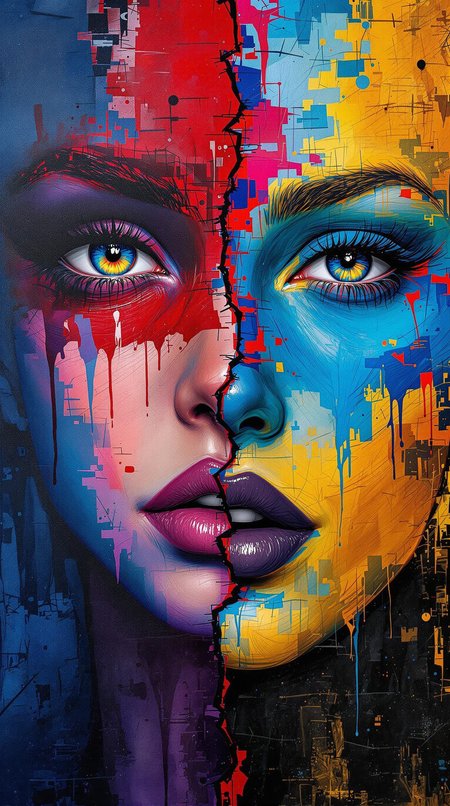 "Emotions in Chromatic Conflict" Capture the essence of human experience. The raw, conflicting emotions that intertwine like brushstrokes on canvas. Imagine a portrait where hate and love, sadness and happiness collide. The human form becomes a vessel, a battleground for these warring sentiments. The eyes, windows to the soul, hold secrets. One eye reflects fiery crimson, fueled by rage and betrayal. The other gleams with gentle azure, a reservoir of love and longing. The Mouth: The lips quiver a silent scream. They taste both 
 bitterness and sweetness. The Skin: The skin bears the weight of memories. Veins pulse with cobalt blue, the ache of lost dreams. Yet, patches of golden yellow shimmer, a testament to resilience and hope. The Background: The canvas itself breathes. It weeps indigo tears, mirroring the depths of sorrow. But look closely, subtle vermillion streaks emerge, like forgotten sunsets. The Diffusions: Overlay hues, crimson bleeding into cerulean, amber melting into violet. Let them blur boundaries, hint at the fragility of emotion. The Reflections: In the mirror's glass, fractured images collide. enhanced textures, creative, beautiful, vibrant, masterpiece, 8k, ultra HD, ultra-detailed, amazing quality, amazing artist, sharp edges, detailed textures, full view, atmospheric lighting, amazing visuals