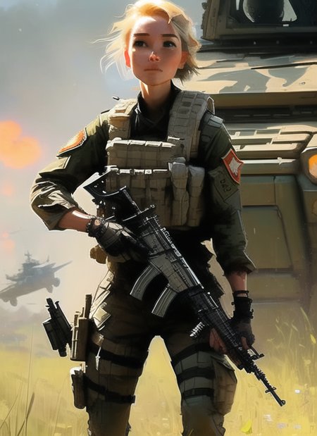 samdoesarts;  an image of woman with short blonde hair, with military gear, cargo pants, (intricate), (detailed), digital art,  dynamic pose, in a battlefield  by Jeremy Mann, matth�us merian the elder, Pino Daeni, robert rauschenber, by beksinski