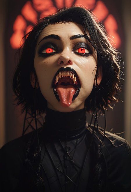 score_9, score_8_up, score_7_up, score_6_up, demonic girl, jaws, , tongue, teeth, black sith outfit, rotting skin, front view, scaled skin, reptile, , tangled stringy wet black hair,, red eyes, black pupils,  red lighting, gothic bedroom, , claws, ,  Expressiveh, g0thicPXL, glowing, neon,, zPDXL2,