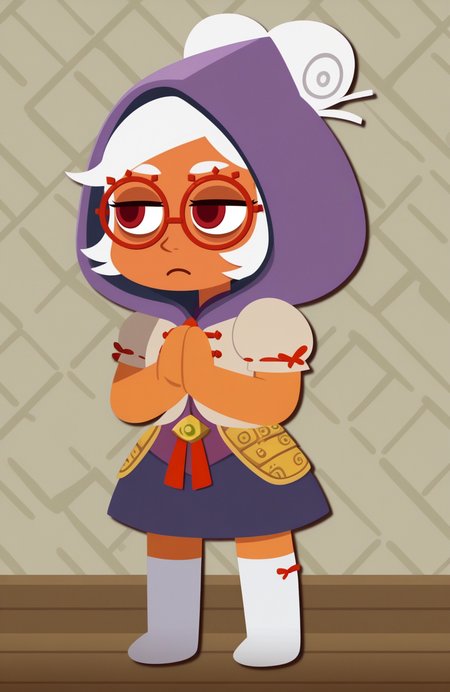 1girl, solo,
<lora:LilPurah-IL:0.5> prhmini, red eyes, red-framed eyewear, dark-skinned female, sheikah, white hair, chibi, purple furry hoodie, short sleeves , hood up, purple dress, armored dress, white kneehighs, no shoes, standing, shadowed face, half hidden eyes, mysterious expression, secretive pose,
 <lora:GrittySugar:1> grittysugar, extremely detailed, highres, masterpiece, best quality