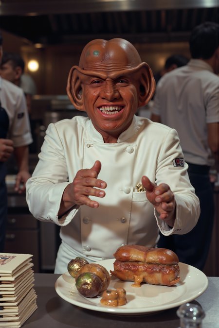 A Ferengi in a crisp, chefâs uniform stands proudly in the kitchen of a Michelin-starred restaurant, his large ears wiggling with excitement as he prepares to plate his latest creation. The kitchen is abuzz with activity as sous-chefs and waitstaff rush around him, but the Ferengi remains focused on his masterpieceâan extravagant fusion dish of Earth and Ferengi cuisine, featuring gold-dusted truffles and latinum-infused sauce. Behind him, shiny stainless-steel appliances gleam under the bright kitchen lights, and the sound of sizzling pans and chopping knives fills the air. The Ferengi carefully arranges the dish with an artistâs precision, grinning widely as he imagines the absurd prices he can charge for such "exclusive interstellar flavors." On a nearby counter, a stack of restaurant menus lists his dish at a jaw-dropping price, with "Chef Ferik's Galactic Gold Special" in bold, gleaming letters. Waitstaff peek nervously over his shoulder, wondering if humans will even attempt to eat it, but the Ferengi just chuckles to himselfâprofit is profit. As he steps back to admire his work, his eyes gleam with the anticipation of the nightâs earnings, already planning to franchise his "fine dining experience" across the galaxy.<lora:aidmaMJ6.1-FLUX-V0.1:0.6><lora:Movie_Portrait><lora:Flux DetailerV2><lora:ferengiV1_FLUX>
