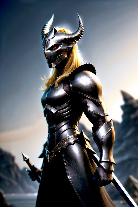 (Realistic:1.5) dark skin spear what circlet demon horns teeth blonde hair eye focus giant gradient background polearm holding sword mountain armor robot mask blurry background greyscale science fiction blurry  <lora:EdobFireAlienSoul_v1.0:0.8>