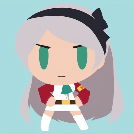 simple background, flat color, no lineart, chibi, solo, 1girl, elie macdowell, green eyes, black hairband, hair ribbon, long hair, ascot, uniform, long red sleeves, white dress, pencil skirt, belt, pantyhose, white boots <lora:style_helltakerchibi_xl-000005:1> <lora:elie-xl-nvwls-v1:1>