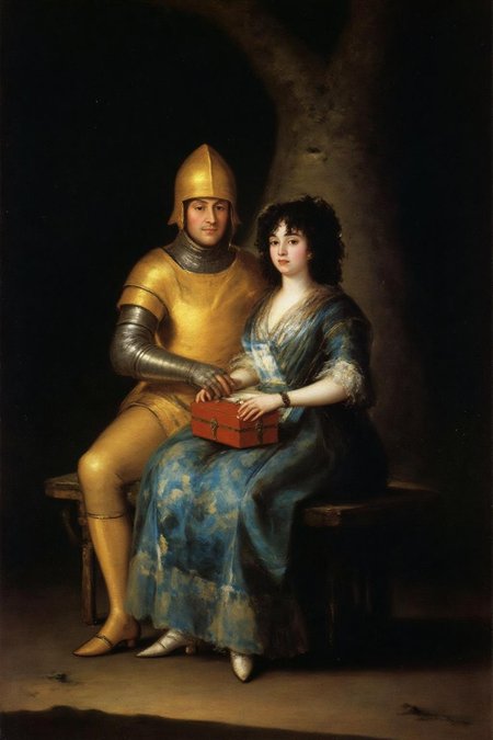 g0ya1 painting
A blonde knight and a lady sitting under a tree. The lady has dark hair and is wearing a blue dress. The knight is sleeping with his head on the leg of the lady  <lora:g0ya1_cap_d6a3:1.0><lora:815796430766805115:0>