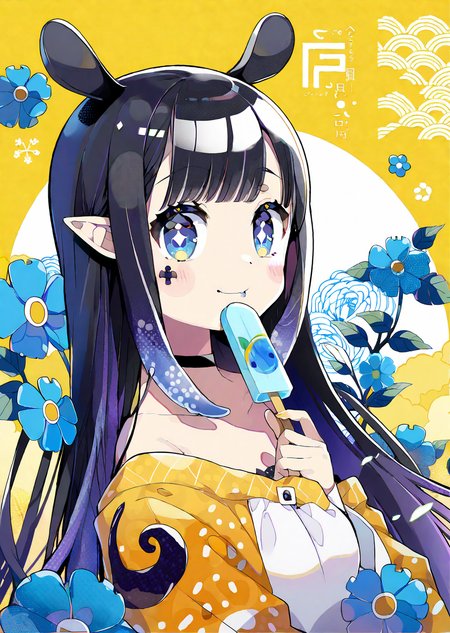 ninomae ina'nis, 1girl, virtual youtuber, popsicle, food, long hair, pointy ears, solo, sidelocks, mole under eye, bangs, purple hair, tentacle hair, multicolored hair, orange hair, gradient hair, blunt bangs, flower, mole, looking at viewer, blue flower, blue eyes, holding, very long hair, holding food, blush, eating, upper body, choker, animal ears
by  chon