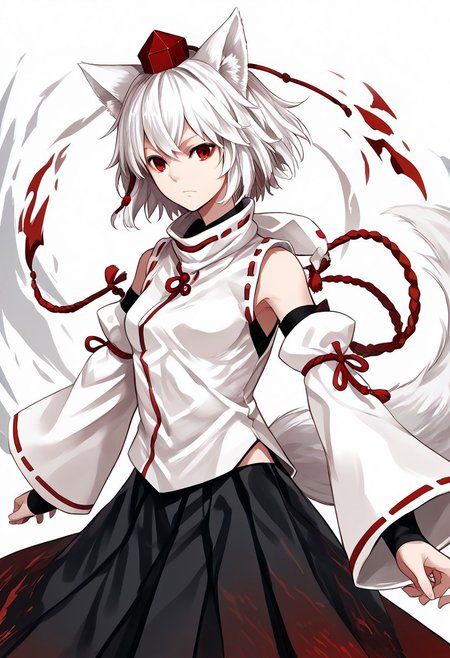 score_9, score_8_up, score_7_up, score_6_up, score_5_up, score_4_up, source_anime, solo, 1girl, 
inub4shir1_m0miji,white hair, short hair, wolf ears, red eyes, tokin hat, detached sleeves, two-tone skirt, 
masterpiece, best quality, very aesthetic, absurdres,
