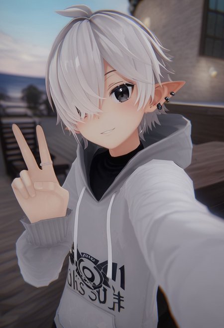 safe_pos, score_9, score_8_up, score_7_up, anime_source, vrchat screenshot, 3d, 3d graphics, best quality, 1boy, solo, black eyes, selfie, V, V sign, male focus, hoodie, bangs, hair over one eye, cafe background, pointy ears, ear piercing, perfect hand, sexy