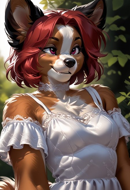 score_9, score_8_up, score_7_up, (by kittydee:1.5), (by jailbird:1.5), (by zummeng:1.5), masterpiece, best quality,
(Furry Art: Anthro: Papillon dog:1.5), 1girl, expressive eyes, feminine eyes, perfect face, feminine face, dog, canine, very large pointy dog ears, fluffy dog ears, papillon dog ears, multicolored fur, black fur, white fur, brown fur, red hair, bob cut hair, small breasts, spring dress,