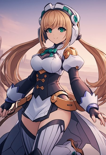 score_4,score_5,score_6,score_7_up,score_8_up,score_9
((masterpiece,best quality,ultra detailed,highres,HD,4k:1.2)),
1 cute girl,solo,girl forcus,solo forcus,
 Azure Striker Gunvolt(Main),shining highlights, 1girl, solo, girl focus,solo focus,face focus, 
robo girl,android,robot joints,very long hair,brown hair,low twintails,bangs,green eyes,head gear,head ornament,helmet,large breasts,
boots, footwear, gloves, corset, detached sleeves, fingerless gloves, gloves, hat, juliet sleeves, knee boots, long sleeves, magical girl, puffy sleeves, skirt, striped, striped thighhighs, thighhighs, thighs, vertical stripes, vertical-striped thighhighs, skirt,
smile,light smile,blush,