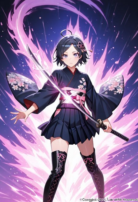 <lora:YahariOreNoSeishunLoveComedy_HikigayaKomachi_IlluXL:0.9>, Hikigaya Komach, anime_girl black_hair_with_pink_highlights Purple_eyes cheery_expression floral_hair_ornament_with_pink_flower traditional_kimono_with_cherry_blossom_pattern dark_blue_kimono_with_pink_and_white_flowers intricate_kimono_design_with_gold_accents holding_katana_with_both_hands glowing_katana_with_energy_trail dynamic_action_pose cherry_blossom_petals_floating_in_air vibrant_neon_pink_and_cyan_color_scheme dramatic_lighting_with_glowing_effects energy_aura_with_sparkling_particles black_lace-up_boots_with_shiny_finish detailed_background_with_splashes_of_pink_and_blue fantasy_warrior_theme strong_female_character ethereal_and_mystical_atmosphere high_contrast_art_style anime_illustration_with_digital_painting