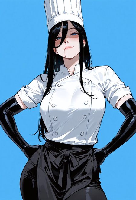 masterpiece, best quality, amazing quality, absurdres, 

fa11ing_girl, 1girl, solo, black hair, long hair, blue eyes,half-eyes open, lips, nosebleed, blood from mouth, collarbone, medium breasts, chef hat, white shirt, buttons, black apron, waist apron, black gloves, elbow gloves, black pants,

light smile,  shaded_face, hands on the hips, cowboy shot, looking at viewer, standing, blush, simple background, blue background, 