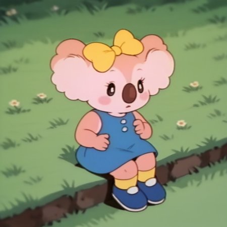 score_9, score_8_up, score_7_up, score_6_up, score_5_up, score_4_up, source_furry, Laurakoala, semi-anthro, female, koala, peach fur, blue dress, yellow bow, yellow socks, blue shoes, sitting, outside, in the grass