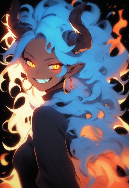 score_9, score_8_up, score_7_up,  
c0l0r1f1c4t10ncy4n,ColorificationCyan,Colorification Cyan, 1girl, solo, long hair, breasts, looking at viewer, smile, long sleeves, jewelry, medium breasts, very long hair, blue hair, jacket, yellow eyes, upper body, earrings, parted lips, horns, teeth, pointy ears, fang, dark skin, grin, from side, dark-skinned female, black jacket, orange eyes, looking to the side, glowing, wavy hair, fire, slit pupils, black background, demon horns, messy hair, glowing eyes, hoop earrings, blue fire, fiery hair, glowing hair