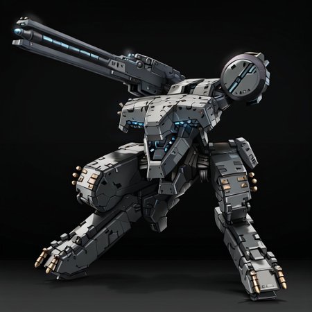 mgrex, mechanical legs, railgun, robot, no humans, gun, glowing, bipedal war machine, military vehicle, heavy armor, science fiction, mecha, military sci-fi, instrument, solo, advanced sensors, weapon, industrial design,