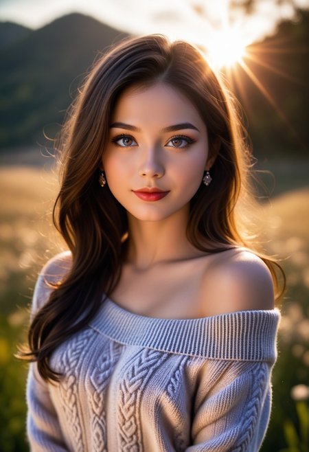 score_9, score_8_up, score_7_up, realistic,   <lora:ccbelle_v1:0.5>, (Upper body photo:1.2). Cute exotic Girl.  Detailed eyes framed by long, perfect eyelashes. Elegant eyeliner. Light make-up. Detailed face. Soft features. Pale. Pure. Flowing. Fantasy, Whimsical. Surreal. detailed features, organic forms, meticulous portraiture, complex patterns, double exposure, transparent, surreal artwork, artful, aesthetic, unusual, vintage feel, post apocalyptic, unsettling violence, macabre, suspenseful, crazy visual soundscape. ((an extremely delicate and beautiful)), floating, (detailed clothes), (detailed light), (sunlight), (shine), colorful, dynamic vivid colors, panorama, Professional portraits, dynamic lighting. Magical, enchanting, alluring. Exotic. Erotic, Sensual, sexual., (Upper body photo:1.2). Beautiful female. Wearing elegant one-shoulder sweater dress. Detailed eyes framed by long, perfect eyelashes. Her eyebrows are perfectly arched and delicate, adding grace to her gaze. Subtle eyeliner. Light make-up. Detailed face. Soft features. Sensual. Photorealistic, Natural atmospheric lighting, intricate details, 35mm photograph, film, professional, 4k visuals, highly detailed, elegant, studio quality.