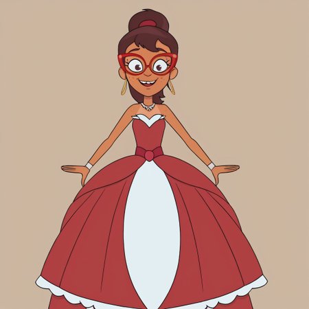 Hailey banks, 1girl, solo, young, slender, tan skin, freckles, brown hair, sidelocks, ponytail, red glasses,, Very long large straight tulle red princess ball gown hoop skirt, ball gown hoop skirt, red princess dress, hoopdress, my big princess gypsy wedding dress, ballgown, a girl in a dress posing like a princess for a picture, wearing a sleeveless ballgown, looking at viewer