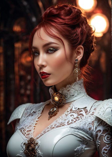 masterpiece, best quality, dark environment, (steampunk:1.5), a woman, (white latex with lace), turtleneck, (jewelry, earrings, necklace), burlesque, sexy, 8K, extremely detailed, decorated clothing, dragon, bloodwave, dynamic, great lighting, perfect shading, depth of field, soft side light, very detailed glowing background, <lora:MS_Aika_Yumeno_V2_SDXL:0.8>, <lora:add-detail-xl:0.8>
