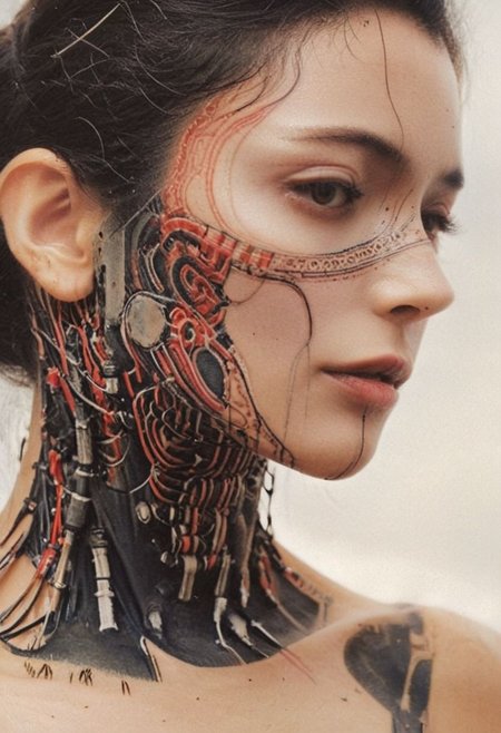 T-tattoo, Soaked_tea_brand, Photorealistic high Quality shot, DARK Upper Body Shot, Arms Up, beautiful Wired-cyborg ergo proxy cyberghost with chin and Dekolleté tattoo Made of technical parts and cyberpunk wires, cables and translucent Red hoses, open mouth, with zone-eyes and eye-trails, eyes emitting a light flame in the wind, infront of a mystic Night window, atmospheric haze, Film grain, cinematic film still, shallow depth of field, highly detailed, high budget, cinemascope, moody, epic, OverallDetail, gorgeous, 2000s vintage RAW photo, photorealistic, candid camera, color graded cinematic, eye catchlights, atmospheric lighting, skin pores, imperfections, natural, shallow dof, Behind her, the stars shimmer with distant promise, casting their ethereal light upon the scene.