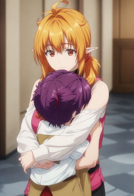 score_9, score_8_up, score_7_up, source anime, prefect lighting, very aesthetic, BREAK, anime screencap.
BREAK 
1st girl= Roxanne, blonde hair, brown eyes, orange hair, shiny hair, dog girl, floppy ears, soft smile.
BREAK 
2nd girl= Sherry, short hair, red eyes, twintails, purple hair, small breasts, pointy ears, soft smile.
BREAK 
2girls hug and kiss each other tightly.
BREAK 
2girls hug and kiss each other tightly.