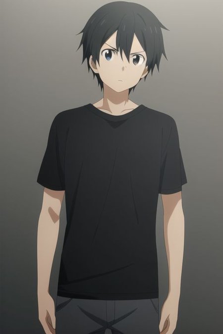 high resolution, professional photography, best quality, 1Boy, Kazuto Kirigaya, Black Hair, Black Eyes, dark t-shirt, looking at viewer, focused gaze forward, plain background, straight body, head upright,