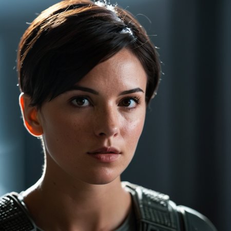 cinematic film still of  <lora:add-detail-xl:1>0
<lora:detailed:0.3>
<lora:perfection style:0.3>
<lora:xl_more_art-full_v1:0.3>
 <lora:halo style:0.9>
a woman with a black hair and a gray top,1girl,solo,looking at viewer,short hair,brown hair,black hair,brown eyes,closed mouth,lips,portrait,freckles,realistic,nose , cinematic, filmic, dramatic light, sci fi, action themed, futuristic, halo style, shallow depth of field, vignette, highly detailed, high budget, bokeh, cinemascope, moody, epic, gorgeous, film grain, grainy