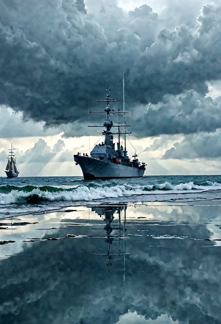 a fleet of super dreadnought battleships at anchor on a deserted fjord, vertically mirrored imagery,Reflections, perfect symmetry in the style of kaitlynn peavler and dreamscape, high quality, highly detailed, high coherence, intricate, elegant, sharp focus, octane render, trending on artstation, calm water, the calm before the storm,  storm in background