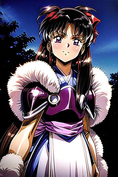 best quality 1girl Setsun4 solo long hair,  (night time) forest background black hair very long hair purple eyes multicolored hair armor, small, (fur trim) (medium body),<lora:EMS-179-EMS:0.800000>,<lora:EMS-293862-EMS:0.800000> bow, hair_bow, hair_tubes, red_bow, brown_hair, long_hair, bangs, ascot, frilled_bow, yellow_ascot, blush, smile, hair_between_eyes, athletic, armor, miko, strengthmda,  Smiling, happy, helmet