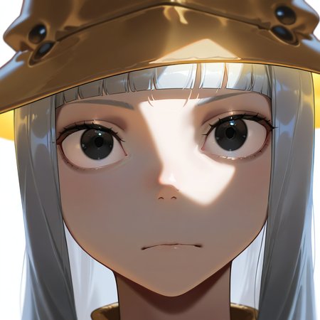 masterpiece, best quality, amazing quality, very aesthetic, absurdres,  newest, volumetric lighting
souleaterstyle,ErukaFrog,
1girl,solo,long hair,looking at viewer,bangs,hat,closed mouth,grey hair,blunt bangs,black eyes,portrait
masterpiece, best quality, amazing quality, very aesthetic, absurdres,  newest, volumetric lighting,
, <lora:soul_eater_illustrious:0.8>,