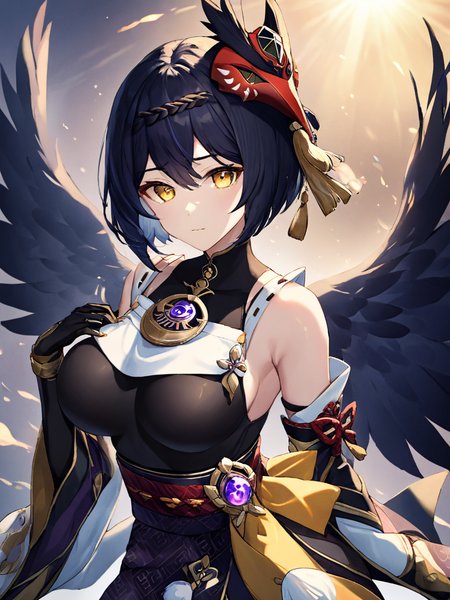 ultra-detailed,(best quality),((masterpiece)),(highres),original,extremely, <lora:jiutiaox_xl:0.8>,(\jiu tiao\), 1girl, kujou sara, solo, breasts, bird mask, yellow eyes, mask, gloves, mask on head, short hair,, sash, vision \(genshin impact\), detached sleeves, black gloves, wings, japanese clothes,  bangs, tassel, black hair, bodysuit, wide sleeves,  black bodysuit, black wings, swept bangs,