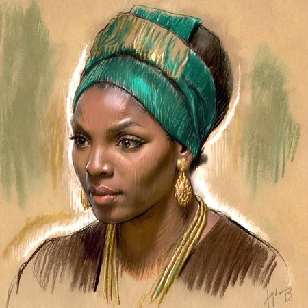 A color chalk sketch of a woman with a deep green velvet headwrap, adorned with a gold-colored earring. She has a focused expression, and her skin tone is a deep brown. The image is rendered with pastel and saturated colors on a beige background The woman's attire and accessories suggest a cultural or traditional influence.   <lora:Chalk_Sketch_SDXL_v1:1>