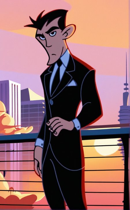 score_9, score_8_up, score_7_up, contrapposto, hand on hip, sunset, sidelighting, cityscape, vanishing point, outdoors, depth of field, solo, looking at viewer,   <lora:PONYXL_STYLE_KimPossibleTV_ownwaifu:1>, BREAK male_KimPossibleTV_ownwaifu, flat color, parody, 1boy, male focus, short hair, suit , <lora:Expressive_H:0.15> <lora:add-detail-xl:0.15>,  <lora:43stl1ght1ngXLP2:0.2>, 43stl1ght1ng, dramatic lighting,