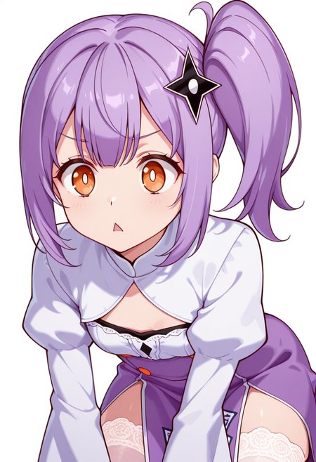 masterpiece,high quality details, absurdres,
 <lora:Satoko_Kusagakure:0.9>
satoko_cnr, 1girl, purple hair, long hair, side ponytail,orange eyes,hair ornament,sidelocks,, simple background, white background, front view,solo,, guilt,crazy,, diamond mouth,, bishop sleeve blouse  ,ofuda on clothes,lace thighhighs,  ,var-legwear,