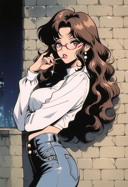 score_9, score_8_up, score_7_up, score_6_up, score_5_up, score_4_up, BREAK sourse_anime, retro anime style, detailed retro anime, 90's anime style, 1990s \(style\), Vintage, dreamy psychedelic anime, high quality, best quality, anatomically correct, masterpiece, BREAK 1girl, solo, from side, view from the back, BREAK brown hair, long flowing hair, glasses, beautiful teenage girl, BREAK red tube top,  tight flared denim jeans, BREAK busy city street, brick wall with graffiti,  cowboy shot, s1n0p0p