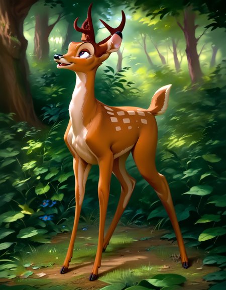 score_9, score_8_up, score_7_up, score_6_up,
bambi, adult, horns, deer, solo, ((Four legs,)) hyperdetailed, detailed fur, happy, forest, ((without stains on the back)), full body,
<lora:add-detail-xl:0.8><lora:Bambi:1>  <lora:Furry Enhancer 6.1:2>