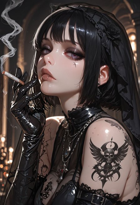 masterpiece, best quality,  very aesthetic, absurdres, newest, depth of field,realistic, goth girl  <lora:gothic_niji_style_ilxl_goofy:0.8>
1girl, cigarette, smoking, black gloves, tattoo, looking at viewer, elbow gloves, necklace, breasts, upper body, black dress, bare shoulders, veil, jewelry, blurry background, lips, smoke, short hair
