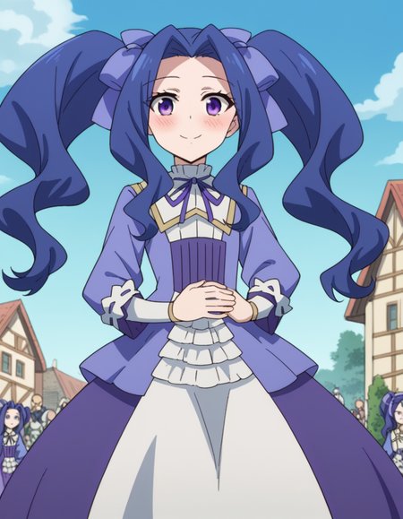 score_9, score_8_up, score_7_up, source_anime, <lora:melty-q-melromarc-s1-ponyxl-lora-nochekaiser:1>, melty q melromarc, long hair, ribbon, twintails, blue hair, purple eyes, hair ribbon, purple ribbon, parted bangs,, long sleeves, dress, frills, ribbon trim, purple dress,, amusement park, rides, crowds, fun, colorful, smile, hand on stomach, blush,, looking at viewer, solo,, dutch angle, cowboy shot