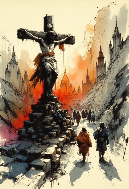 inksketch painting, How feeble thy man hast come forth unto us
To thine blessed land
Provoking his crucifixion...
Thus to endure the reality of everlasting damnation...
So as said...
Thy feeble savious...
Is to return...
Thou only suffer evermore
Suffer!
How feeble thy man hast come forth unto Golgotha