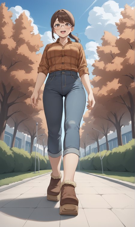score_9, score_8_up, score_7_up, score_6_up, source_anime,
low angle,
autumn, outdoors, park,
1girl, 
walking, arms out, looking up, happy,
flannel shirt, jeans, round glasses, ponytail, brown hair,
sherpa clogs, platform footwear,
embedding:zPDXLrl ,
embedding:zPDXL2 ,