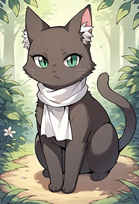 masterpiece, best quality, uncensored, source_anime BREAK score_9, score_8_up, score_7_up, score_6_up, score_5_up, score_4_up, 1girl, solo, catlulu, no humans, black cat, animal, feral, green eyes, whiskers, Expressiveh, white scarf, outdoors <lora:Expressive_H:0.6> <lora:add-detail-xl:0.5> <lora:lulu_xventure:0.85>