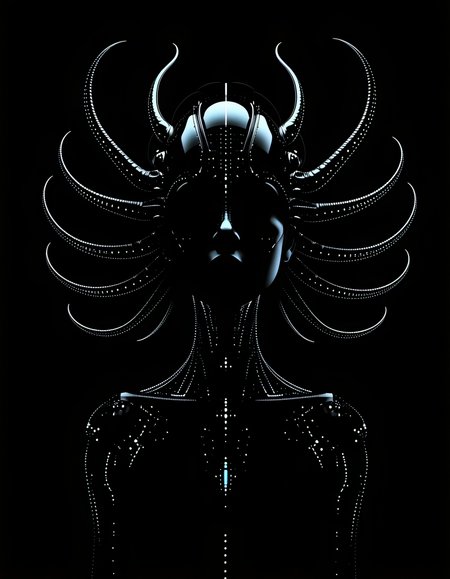 a full-lenght cinematic photography of a surreal cyborg deity. This Cyborg has the upperbody of a female woman with the Torso being replaced by many tentacles that are crafted out of fine titanium wirtes that are adorned with LEDs. The Skin of this cyborg is crafted from handmade irinium-alloy that shimmers and is half-transparent, forge-welded with ironbolts. The Face is replaced with a holographic black display that shows cute emoji. The different components of the body are joint together with rotating 360 Degree Gears. ultrarealistic and detailed. 8K, 1girl, perfectly flat chest, tiny perky tits