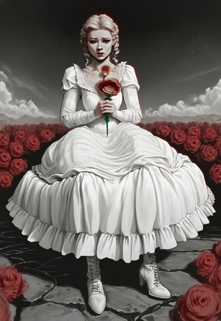 score_9, score_8_up, score_7_up, rating_safe, high quality, 
 highly detailed, intricate, intricate details, black and white,
highly detailed face, girl, (solo:1.3), adult woman, 35 years old, adult, 
Victorian dress, laced boots, sitting on a large rock, sad face, looking longingly to the distance, (holding a red rose:2),
detailed background, dark ground, high cliffs, rocky terrain, dynamic angle, close up, looking out over the sea at sunset,